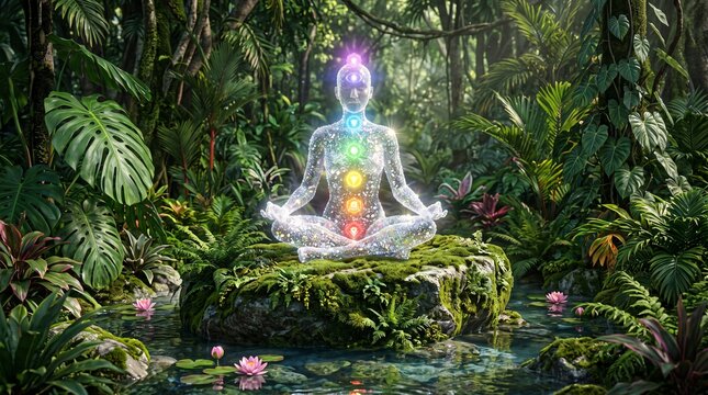 Spiritual meditation figure with chakra energy points in lush tropical jungle forest riverside pond.