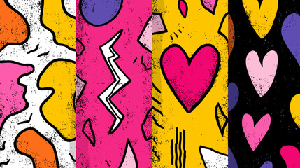 Fototapeta premium Colorful Abstract Pattern Design Featuring Hearts, Shapes, and Textures in Vibrant Hues