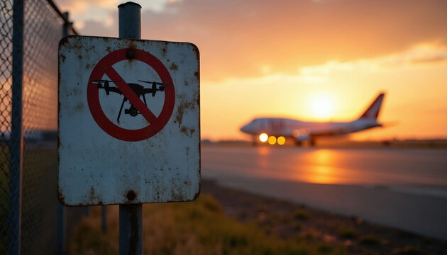 No drone zone signage stands near airport perimeter fence at sunset. Warning notice prohibits flying unmanned aircraft near airfield runway for aviation safety. Blurred plane taxies on background