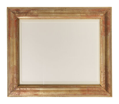 Vintage artistic painting frame overlay isolated on transparent background (png). Antique gold ornate picture border with passe-partout and blank white paper card copy space for art mockup.