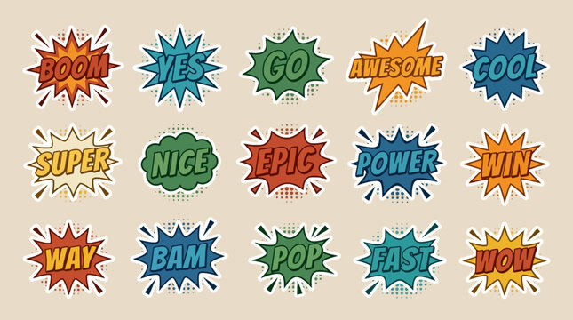 Retro Comic Book Speech Bubbles and Pop Art Expression Stickers Set