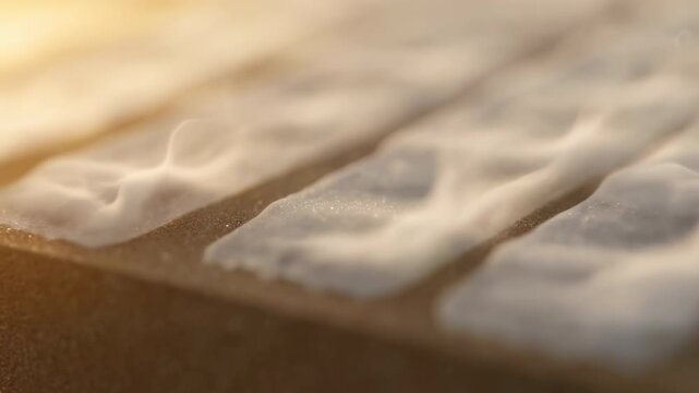 Warm backlit surf foam flowing over fine sand ridges in shallow shoreline close-up with soft beige tones and gentle coastal texture, with foam, sand, beach, surf detail