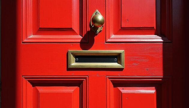 Bright red residential entrance door features polished brass letterbox slot. Direct sunlight casts sharp shadows on wooden panel surfaces. Brass knob adds elegant touch to home exterior. No junk mail