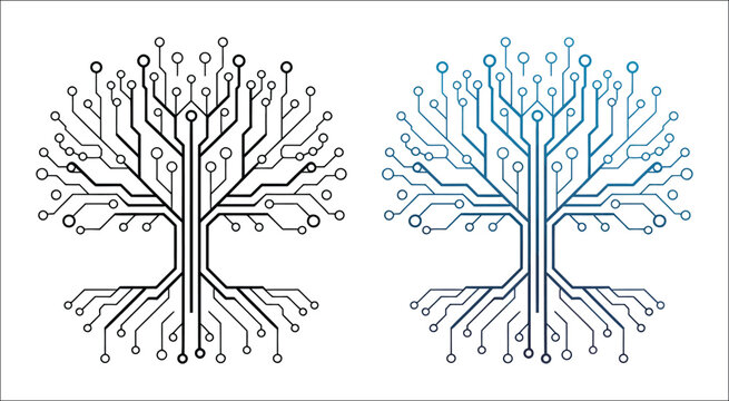 Technology trees formed by electronic circuit patterns representing digital innovation, eco sustainability, futuristic engineering, artificial intelligence, and smart nature concepts, vector, designs