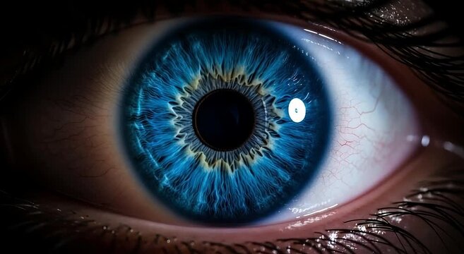 Human eye iris with glowing blue electric lightning energy discharge effect for futuristic technology motion background video digital animation
