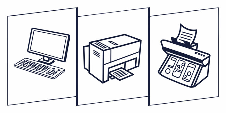 Set of three minimalist office equipment on white background, computer laptop printer calculator