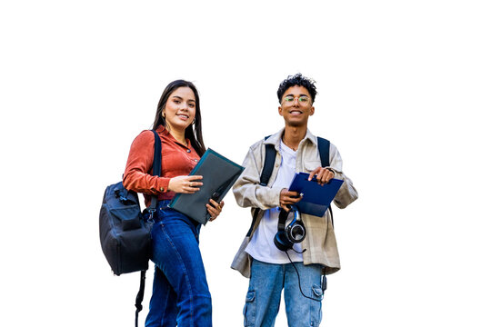 Diverse students carrying bags, files and headphones, ready for university classes. PNG