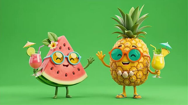 Cheerful 3D Cartoon Watermelon and Pineapple Characters Summer Party