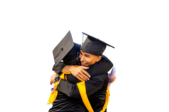 Graduates hugging, celebrating academic achievement and university success. PNG