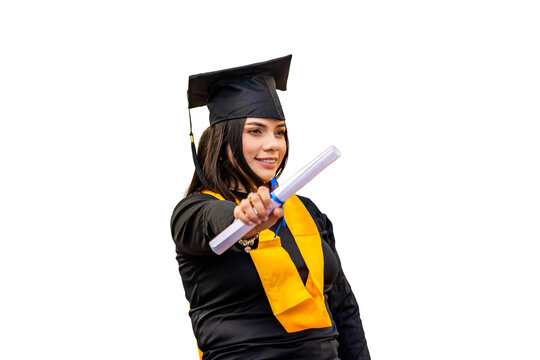 Young woman graduating, wearing cap and gown, proudly showing her diploma. PNG