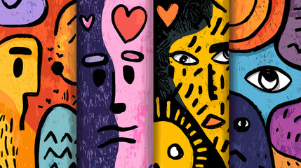 Colorful Abstract Portraits of Diverse Faces Displaying Emotions and Expressions in Vibrant Art © AI PIC