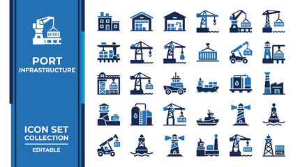 Port infrastructure icon set for shipping and logistics © Iconesia Studio