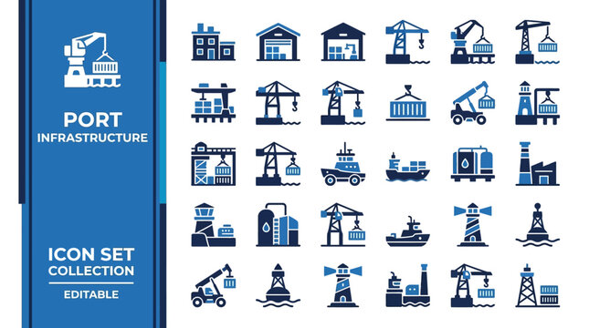 Port infrastructure icon set for shipping and logistics