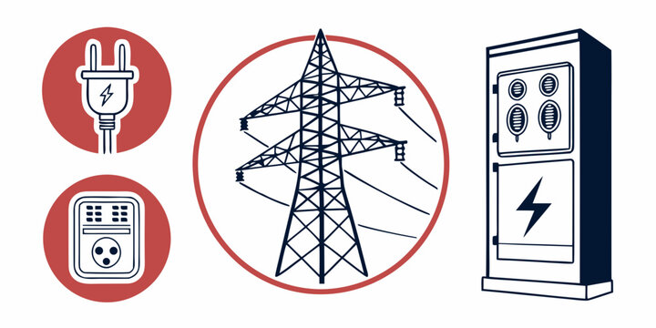 Electric power infrastructure set, transmission tower, substation, and power lines diagram
