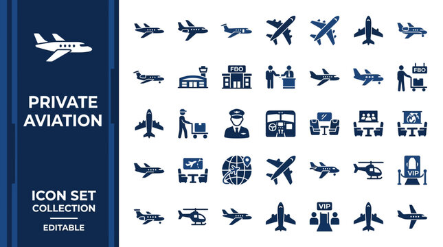 Private aviation and luxury jet charter icon set