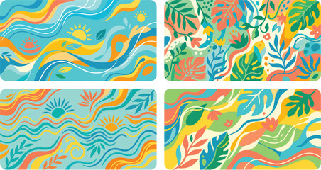 Obraz premium Vibrant Abstract Patterns with Leaves, Suns, and Wavy Lines in Blue, Yellow, Orange, and Green