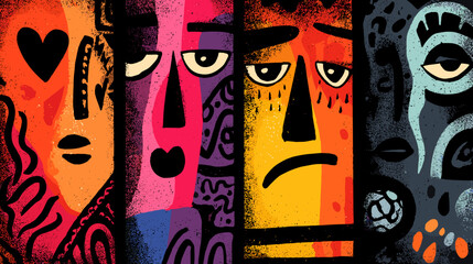 Colorful Faces Expressing Diverse Emotions in a Modern Abstract Artistic Illustration © AI PIC