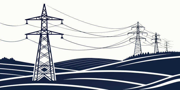 High-voltage electric power transmission lines against cloudy sky, silhouetted steel lattice towers power lines