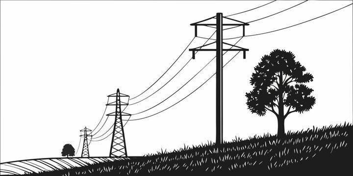 Rural electricity poles with overhead cables and a tree, white background, overhead power lines, utility poles