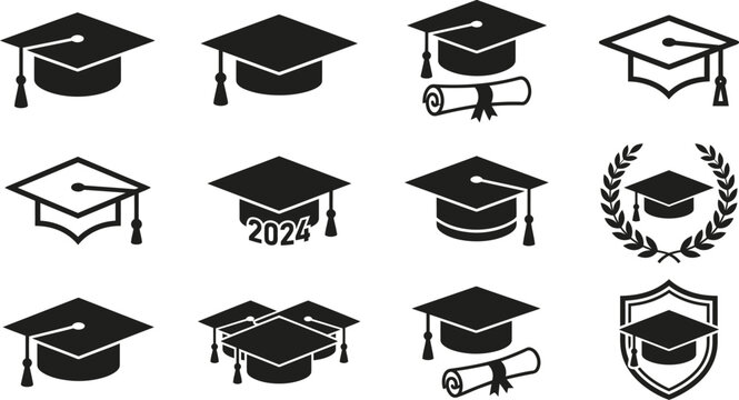 Graduation Cap Icons Set, Graduation Symbols, Education Logos, Grad Cap Graphics