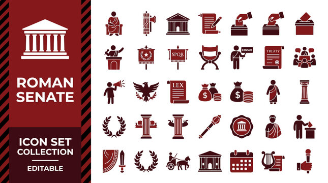 Roman senate icon set featuring historical government symbols