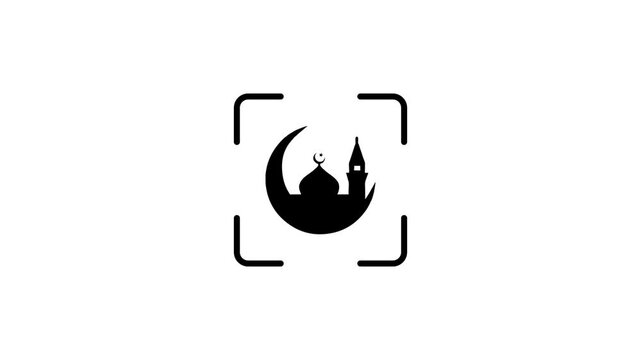 Islamic crescent moon and mosque silhouette inside digital scanning frame with moving light beam.