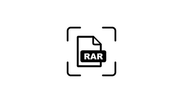 A motion graphic of a document icon with the letters rar displayed on it, surrounded by a scanning frame, indicating a rar file being scanned or processed.