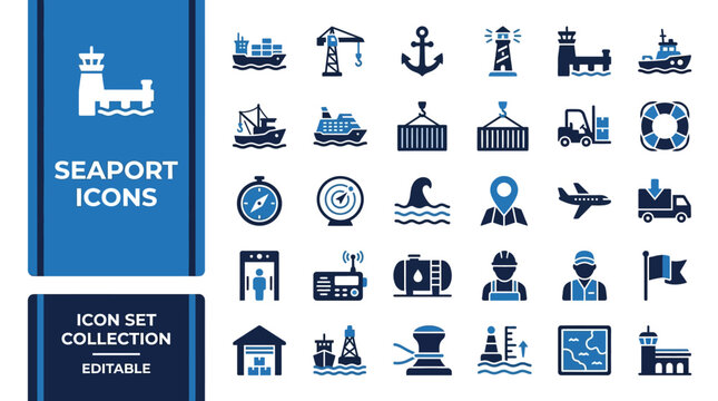 Comprehensive seaport and maritime logistics icon collection