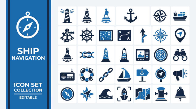 Nautical navigation icon set featuring compass anchor and lighthouse