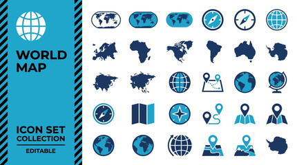 Global travel and navigation icon collection with maps and compasses © Iconesia Studio