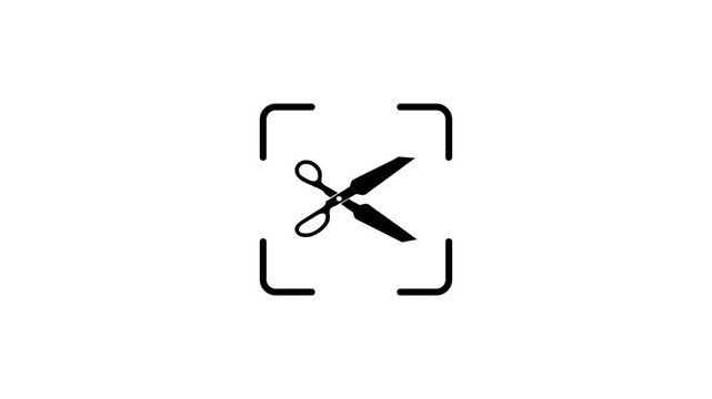 A dynamic animation of digital scissors icon with a glowing green scanning line within a target frame on white background.