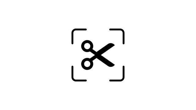 Animated icon of scissors inside cropping tool frame with scanning light effect for video editing software interface.