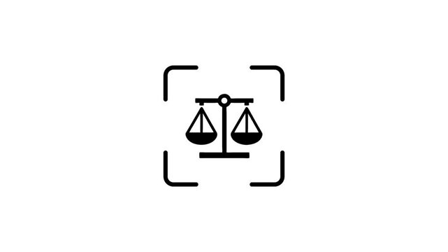 Justice scale animation in a target scope on white background, representing law and order in legal system.