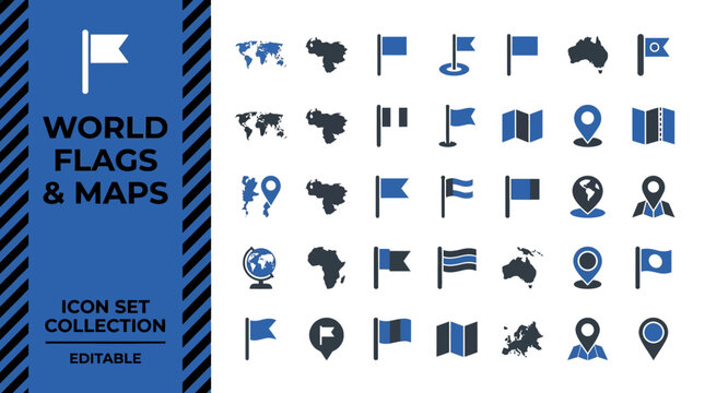 Global geography and travel icons including maps flags and pins