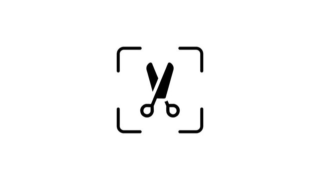 Minimalist graphic animation featuring scissors icon being cut by laser scanning effect for digital media editing tools.