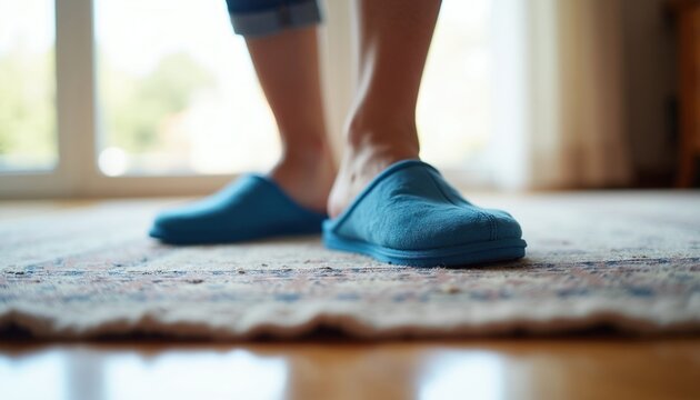 Feet of elderly person in blue slippers stand on uneven carpet edge. Senior walks inside house on folded rug. Unsafe floor cover creates danger of stumbling fall. Aging individual faces mobility risk