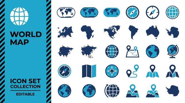 Global travel and navigation icon collection with maps and compasses