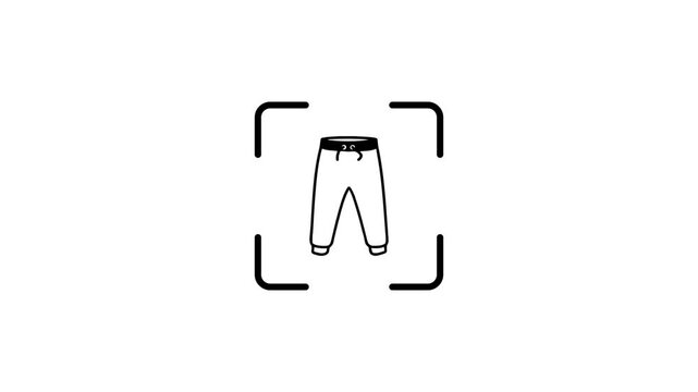 Graphic animation showing scanning process of sweatpants with green laser light within focus frame on white background.