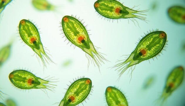 Green microorganisms swim in clear liquid seen through microscope. Many tiny euglena protozoa float inside fresh water environment. Biological cells move under lens for scientific study, research.