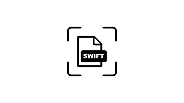 Animation of green laser light scanning swift source code file icon within viewfinder on white background.
