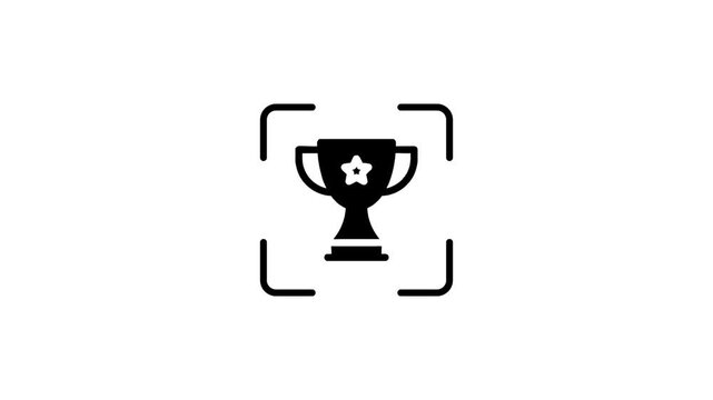 Graphic animation of digital trophy icon being scanned by green laser line within focus frame on white background.