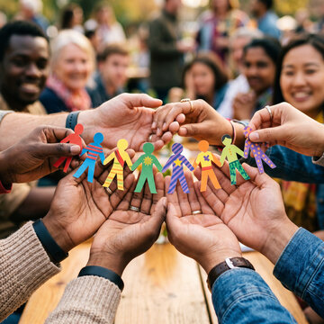 Diverse hands holding colorful paper people chain, symbolizing unity and community