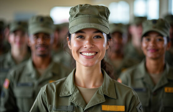 Woman smiles in army uniform. Diverse group of soldiers stand together, unified in their service. Female officer leads with confidence and pride in her mission.