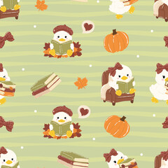 Fototapeta premium Cute duck seamless pattern with ducks reading books and pumpkins in autumn, Bookish and duck on green line background, fall season paper texture design