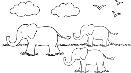 Fototapeta premium Cute elephant family coloring page outline illustration featuring wild animals walking in meadow with clouds and flying birds on white background.