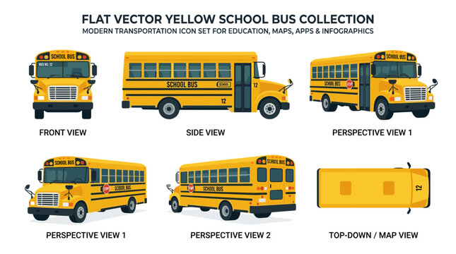 Flat Vector Yellow School Bus Icons, Transportation Set