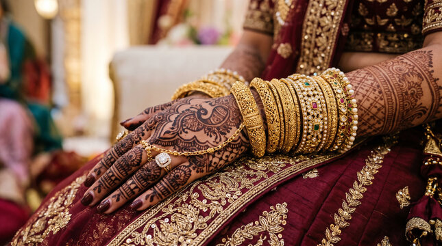 Intricate Mehendi Henna Art on Bride's Hands with Gold Bangles and Wedding Attire