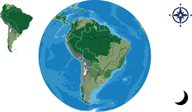 South America Continent Map and Earth Globe Vector Icon Set Featuring Geographic Relief Biomes Andes Mountains Amazon River Compass Rose and Crescent Moon