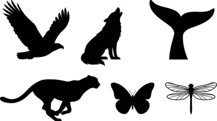 Wild Animals and Insects Silhouette Icon Set with Flying Eagle Howling Wolf Whale Tail Running Cheetah Butterfly and Dragonfly Vector Illustration © Edo Rifandi!