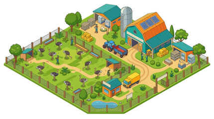 Naklejka premium Ostrich Farm and Rural Ranch in Clean Isometric Illustration Style